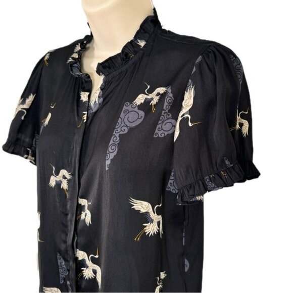 T Tahari Crane Print Black Ruffle Short Sleeve Blouse Small - Picture 3 of 8